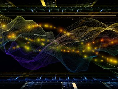 Uzay Sinyali. Sanal Dalga serisi. Veri transferi teması üzerine yatay sinüs dalgaları ve ışık parçacıklarının düzenlenmesi, sanal, yapay, matematiksel gerçeklik.