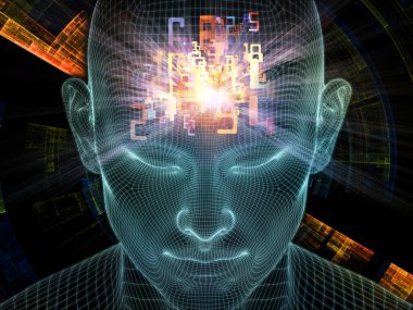 Parlak Düşünce. Bilinçli Zihin serisi. Parlayan kablonun 3 boyutlu görüntülenmesi yapay zeka, insan bilinci ve manevi yapay zeka ile ilişkili insan yüzü.