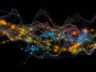 Uzay Sinyali. Sanal Dalga serisi. Veri transferi için bir metafor olarak yatay sinüs dalgaları ve ışık parçacıklarının bileşimi, sanal, yapay, matematiksel gerçeklik.