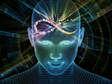 Parlak Rüyalar. Bilinçli Zihin serisi. Yapay zeka, insan bilinci ve ruhani yapay zeka üzerine parlayan tellerin 3 boyutlu tasarımı insan yüzünü örüyor.