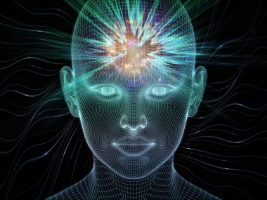 Parlak Rüyalar. Bilinçli Zihin serisi. Yapay zeka, insan bilinci ve ruhsal yapay zeka konularında 3 boyutlu parlayan tel insan yüzünü soyutlaması
