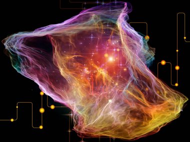 Ağ Tesadüfçülüğü serisi. Modern teknoloji ve bilimsel araştırma konularında organik fraktal geometri, ağ çizgileri ve ışıkların etkileşimi.