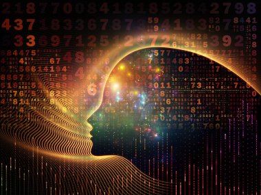 Zihin serisinin doğuşu. Genel yapay zeka ve modern teknoloji üzerine insan kafası siluetleri ve sayı şebekelerinin arka planı.