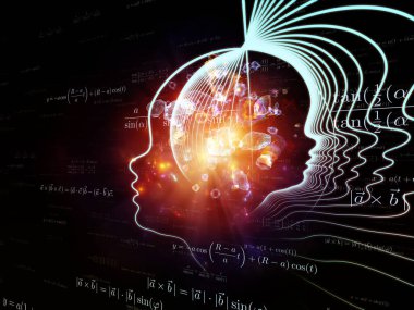 Sanal Zihinler serisi. Eğitim, bilim ve bilinç konularındaki insan yüzü profilleri ve soyut öğeler.