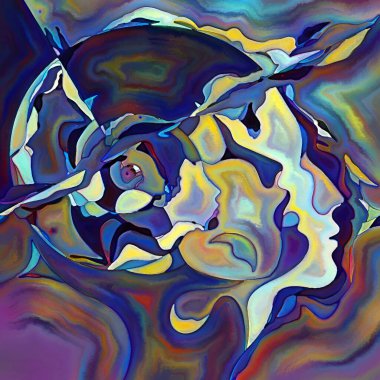 Parçalanmış Self serisi. İnsan yüzü ana hatları ve insan ilişkileri, zihin, psikoloji, iç dünya, yaratıcılık, zihinsel hastalık ve sanat konularındaki renkli şablon kompozisyonu.