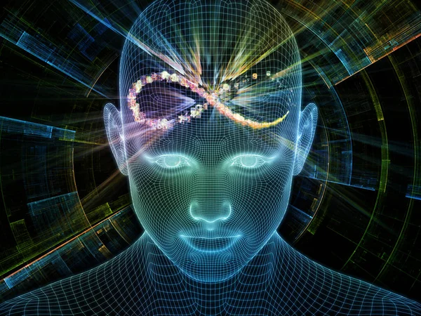 明亮的梦 清醒的头脑系列 基于人工智能 人类意识和精神人工智能的发光金属丝网人脸三维绘制背景设计 — 图库照片