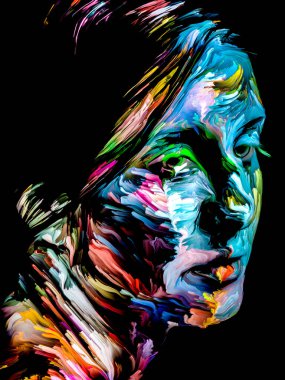 Renk serisi insanları. Yaratıcılık, hayal gücü ve sanat konularında genç bir kadının renkli soyut portresi.