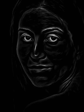 Kişilik Çalışmaları serisi. Siyah arka planda genç bir kadının yüzü sanat, şiir ve tiyatro projelerinde kullanılmak üzere Stippling Image Technique ile idam edildi..