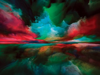 Uyanış Diyarı. Gerçekliğe Kaçış dizisi. Doğaüstü günbatımı renklerinden ve manzara resmi, hayal gücü, yaratıcılık ve sanat temasındaki dokulardan oluşan soyut bir arka plan