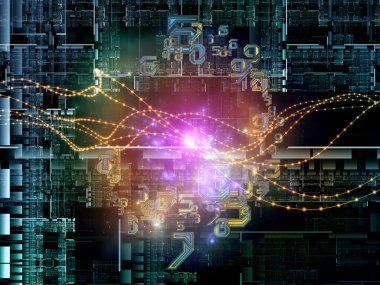 Sayılar ve Fraktallar serisinin. Bilgisayar dünyasındaki rakamların, çizgilerin ve ışıkların arkaplanı.