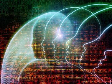 Zihin serisinin doğuşu. Genel yapay zeka ve modern teknoloji üzerine insan kafası siluetleri ve sayı şebekelerinin arka planı.