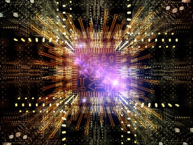 İşlemcinin özeti, fraktal geometri ve bilgisayar bilimi ve teknolojisi konularındaki ışıkların soyut 3D çizimi