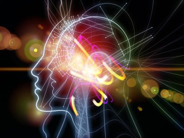 Zihin Parıltısı. İnsan çizgilerinin 3 boyutlu tasviri, sanal şebekeler ve eğitim konularındaki ışıklar bilim ve modern teknolojiler