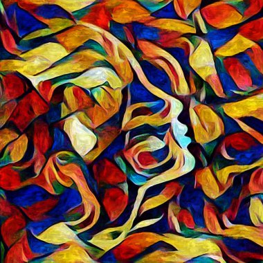 Sanat serisi deseni. Yaratıcılık ve sanat konusunda dijital tuvalde oluşturulan soyut yüz, şekiller ve renk elementleri.