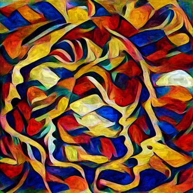 Sanat serisi deseni. Yaratıcılık ve sanat konusunda dijital tuvalde oluşturulan soyut yüz, şekiller ve renk elementleri.