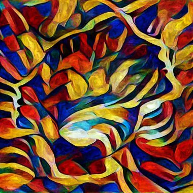 Sanat serisi deseni. Yaratıcılık ve sanat konusunda dijital tuvalde oluşturulan soyut yüz, şekiller ve renk elementleri.