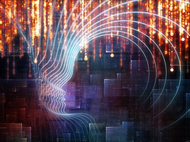 Bilgi Aklı serisi. İnsan silueti ve ışıltılı akarsu çizgileri eğitim, bilim ve modern teknoloji konularında kompozisyon oluşturur.