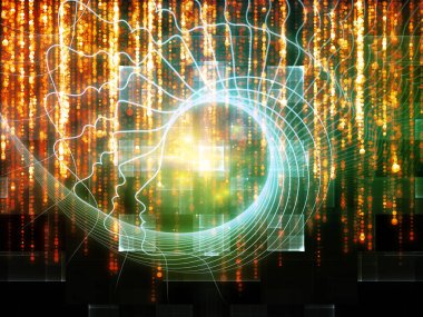 Bilgi Aklı serisi. İnsan silueti ve ışıltılı akarsu çizgileri eğitim, bilim ve modern teknoloji konularında kompozisyon oluşturur.