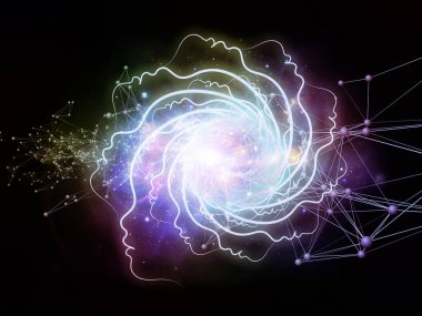 Zihin Döndürme serisi. Ana hatların, ağ çizgilerinin ve bilgisayar bilimi, teknoloji ve eğitim konularındaki ışıkların etkileşimi.