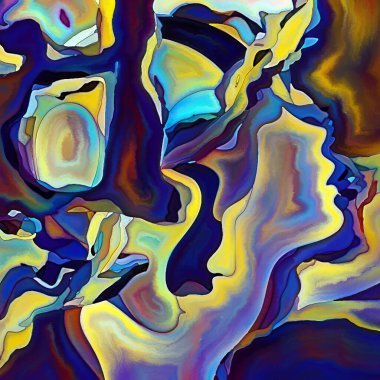 Parçalanmış Self serisi. İnsan yüzü ana hatları ve insan ilişkileri, zihin, psikoloji, iç dünya, yaratıcılık, zihinsel hastalık ve sanat konuları üzerine boyanmış desen kompozisyonu.