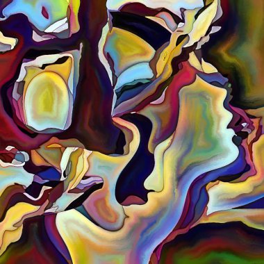 Parçalanmış Self serisi. İnsan yüzü ana hatları ve insan ilişkileri, zihin, psikoloji, iç dünya, yaratıcılık, zihinsel hastalık ve sanat konuları üzerine boyanmış desen kompozisyonu.