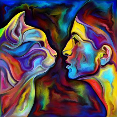 Two of Me serisi arasında. Kadın doğası, hayvan dünyası, insan zihni, psikoloji, iç dünya, yaratıcılık, kendini ifade etme ve sanat konularında kedi portresiyle karşı karşıya olan kadın..