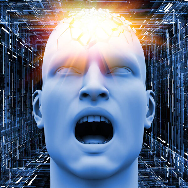 Mind Burst. 3D rendering of a screaming male head and bursting abstract elements on subject of intellectual and emotional impact.