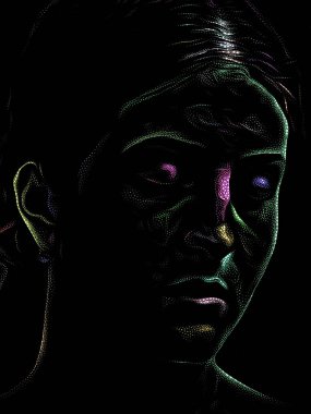 Kişilik Çalışmaları serisi. Kadın yüzü, sanat, şiir ve tiyatro projelerinde kullanılmak üzere noktalama tekniğiyle idam edildi.