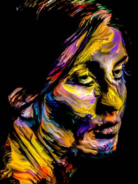 Renk serisi insanları. Yaratıcılık, hayal gücü ve sanat konularında genç bir kadının renkli soyut portresi.