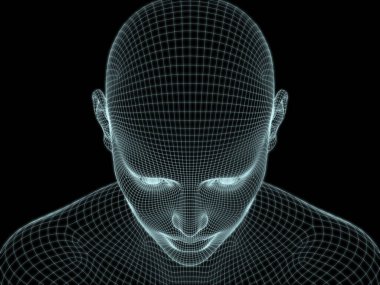 Resim ve tasarım için insan kafası ve yüzünün 3 boyutlu görüntüsü tel örgüsü