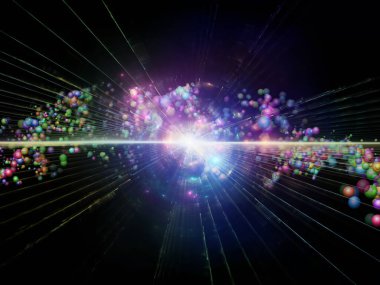 Temel parçacık fiziği, derin uzay, astrofizik, eğitim ve sanal gerçeklik konularındaki fraktal patlama ve atomik yapıların 3 boyutlu çizimi.