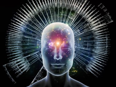 Düşünce Nin Enerjisi serisi. İnsan kafası soyut fraktal yapı ile çevrili insan zihninin işleyişini göstermek için.