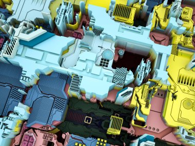 Yer Değiştirme Dünyası serisi. Bilim, modern teknoloji ve eğitim konularında soyut teknolojik örüntünün 3 boyutlu yorumlanması.