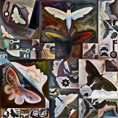 İç Şifreleme. Gizli anlamlar, kutsal yaşam, drama, şiir, mistisizm ve sanat konularındaki soyut organik formlar, sanat dokuları ve renklerin kolajı.