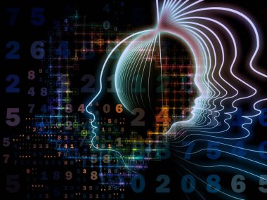 Zihin serisinin doğuşu. Genel yapay zeka ve modern teknoloji üzerine insan kafası siluetleri ve sayı şebekelerinin arka planı.