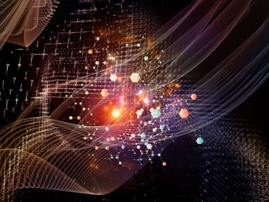 Soyut Ağ Sistemi. Bilim, eğitim ve modern teknoloji konularındaki parçacıklar, ışıklar ve soyut element bileşimi.