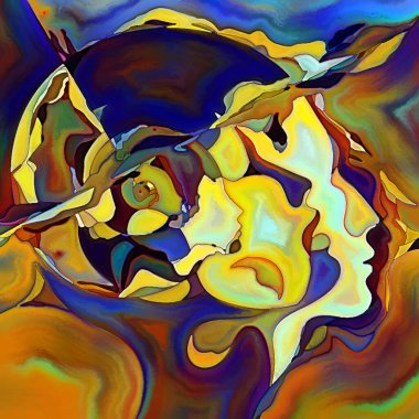 Parçalanmış Self serisi. İnsan yüzü ana hatları ve insan ilişkileri, zihin, psikoloji, iç dünya, yaratıcılık, zihinsel hastalık ve sanat konuları üzerine boyanmış desen kompozisyonu.