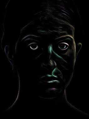 Kişilik Çalışmaları serisi. Kadın yüzü, sanat, şiir ve tiyatro projelerinde kullanılmak üzere noktalama tekniğiyle idam edildi.