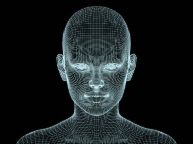 Teknoloji, eğitim ve bilgisayar bilimleri illüstrasyonlarında kullanılmak üzere insan kafasının tel örgüsü içinde 3B görüntüsü