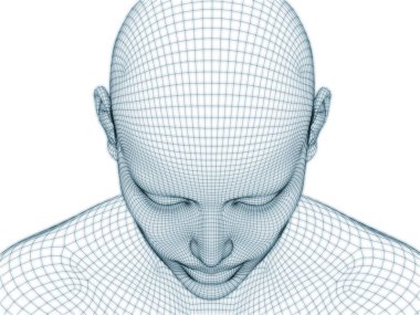 İnsan kafası ve yüzünün üç boyutlu görüntülenmesi illüstrasyon ve tasarım için tel örgüsü olarak kullanılacak