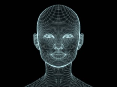 İnsan kafasının teknoloji, eğitim ve bilgisayar bilimleri illüstrasyonlarında kullanılmak üzere tel örgüde 3 boyutlu görüntülenmesi