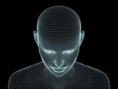 İnsan kafasının teknoloji, eğitim ve bilgisayar bilimleri illüstrasyonlarında kullanılmak üzere tel örgüde 3 boyutlu görüntülenmesi