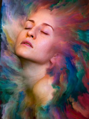 Dünya serisi. Duygular, duygular, iç dünya, yaratıcılık ve hayal gücü konularında kadın portresiyle birleştirilmiş soyut tasarım.