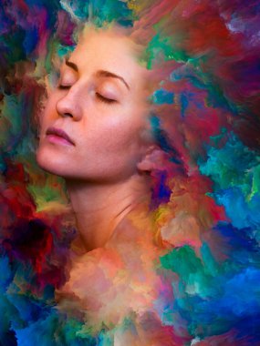 İç dış serisi. Kadın portre tasarlamak zemin inşaat üstünde duygular, duygular, iç dünya, yaratıcılık ve hayal gücü için canlı boya ile erimiş