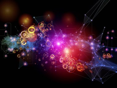 Gelecek Bağlantı serisi. Ağ hatlarının, ışıkların ve sembollerin modern teknoloji, ağ oluşturma, telekomünikasyon ve bilim konularındaki karanlık arkaplan ile etkileşimi.