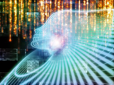 Bilgi Aklı serisi. İnsan silueti ve ışıltılı akarsu çizgileri eğitim, bilim ve modern teknoloji konularında kompozisyon oluşturur.