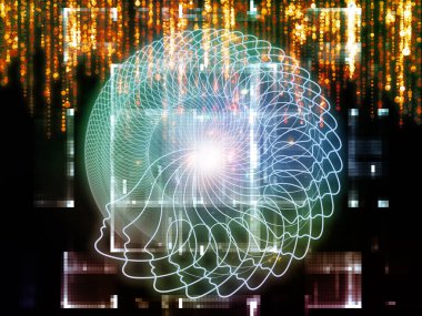 Bilgi Aklı serisi. İnsan silueti ve ışıltılı akarsu çizgileri eğitim, bilim ve modern teknoloji konularında kompozisyon oluşturur.