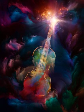 Müzik, sanat ve yaratıcılık konularında renkli keman ve fraktal boya soyutlaması. 3B Görüntü.