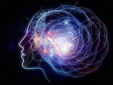 Zihin Parıltısı. İnsan çizgilerinin 3 boyutlu tasviri, sanal şebekeler ve eğitim konularındaki ışıklar bilim ve modern teknolojiler