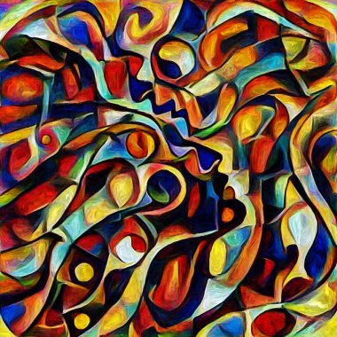 Sanat serisi deseni. Yaratıcılık ve sanat konularında dijital tuvale işlenmiş soyut insan yüzleri ve renkleri.